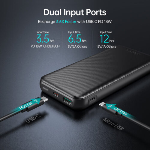 УМБ Choetech 10000mAh, 18W PD QC3.0, USB-C In/out, USB-A Li-pol чорна - Зображення 5