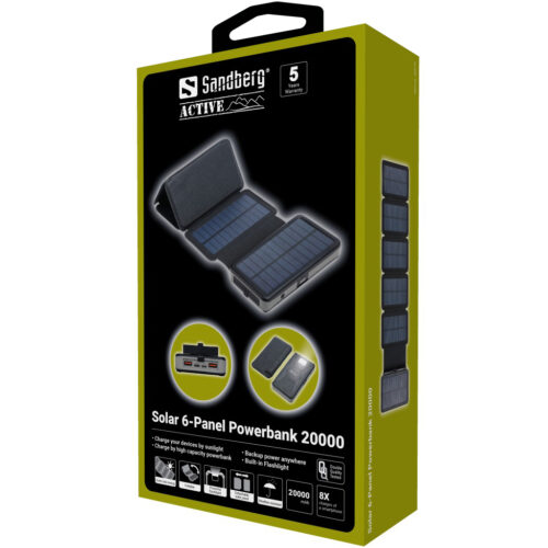 УМБ сонячна 6-Panel 7.5W Sandberg PD 20000 mAh, 2xUSB, Type-C OUT, ліхтарик - Зображення 5