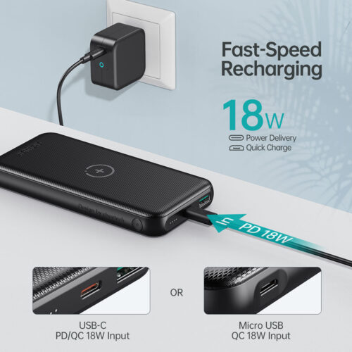 УМБ Choetech 10000mAh, 18W PD3.0/QC3.0, Wireless 10W, USB-C In/out, USB-A+Micro Li-pol чорна - Зображення 4