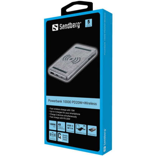 УМБ Sandberg PD 10000mAh 20W, Wireless QI 15W, USB-A Type-C OUT - Зображення 2