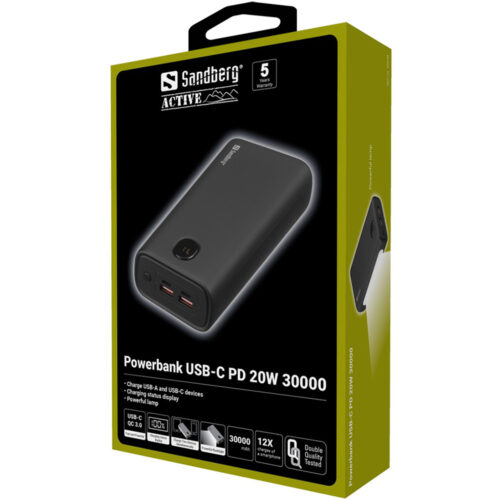 УМБ Sandberg PD 30000 mAh 20W 1,7A QC3.0, UPS mode, 2хUSB, Type-C OUT, ліхтарик - Зображення 4